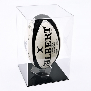 Vetrina da esposizione per pallone da rugby in acrilico deluxe con base nera 