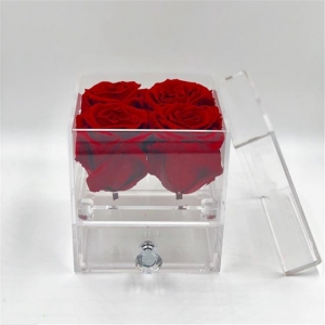 fioriera quadrata in acrilico trasparente con 4 rose con cassetto 