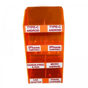 bancone espositore da parete a doghe con accessori per telefoni cellulari arancione fluorescente a 4 pneumatici 