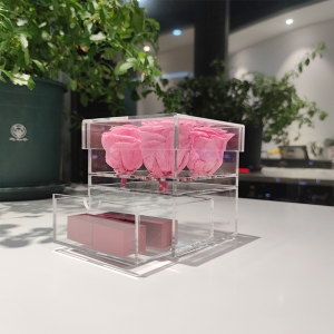 fioriera rosa in acrilico trasparente con cassetto per 4 rose 