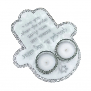 Portacandele Shabbat in lucite con simbolo Hamsa 