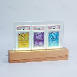 Supporto per spot pubblicitario con luce LED e base in legno
